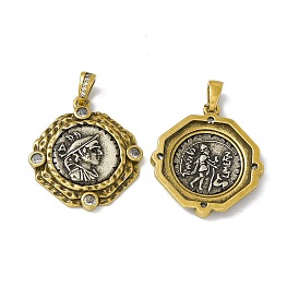 Rack Plating Brass Micro Pave Clear Cubic Zirconia Pendants, Cadmium Free & Lead Free & Nickle Free, Flat Round with Greece Coin Charm