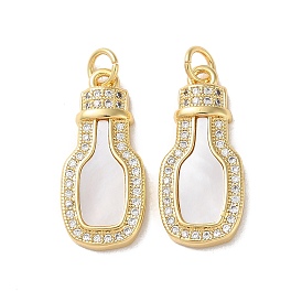 Brass Micro Pave Cubic Zirconia Pendants, with Shell, Real 18K Gold Plated, Bottle