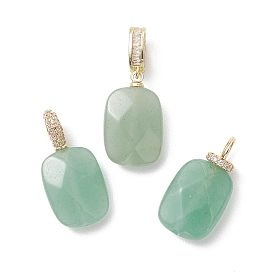 3шт. 3 стили подвесок из натурального зеленого авантюрина с огранкой, Прямоугольные подвески с латунными микропаве из прозрачных кубических цирконий в качестве застежек.