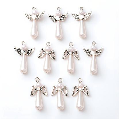 Perle d'imitation acrylique avec pendentifs en alliage, avec teinte inox 304 boucles inox, charme d'ange