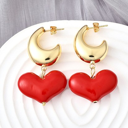 Латунные качают серьги, луна с сердцем, с эмалью