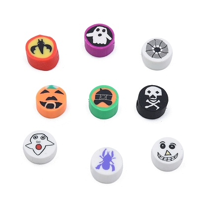 Halloween Theme Pattern Handmade Polymer Clay Beads, Flat Round