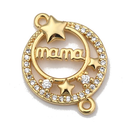 Brass Micro Pave Clear Cubic Zirconia Links, Long-Lasting Plated, for Mother's Day, Flat Round with Star & Word MaMa