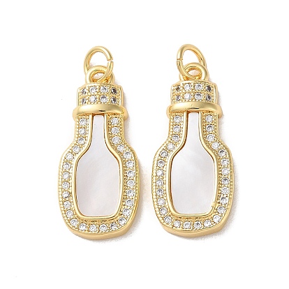 Brass Micro Pave Cubic Zirconia Pendants, Cadmium Free & Lead Free, with Shell, Real 18K Gold Plated, Bottle