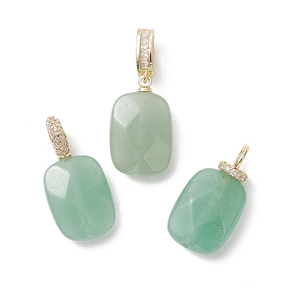 3шт. 3 стили подвесок из натурального зеленого авантюрина с огранкой, Прямоугольные подвески с латунными микропаве из прозрачных кубических цирконий в качестве застежек.