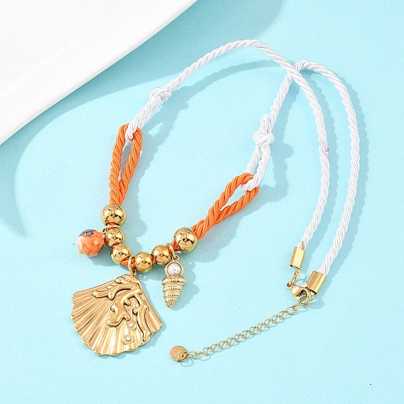 Океан 304 подвеска в форме ракушки из нержавеющей стали, полиэстеровая веревка, ожерелья для женщин, с синтетическими радужными камнями и пластиковым жемчугом, реальный 18 k позолоченный, ионное покрытие (ip)