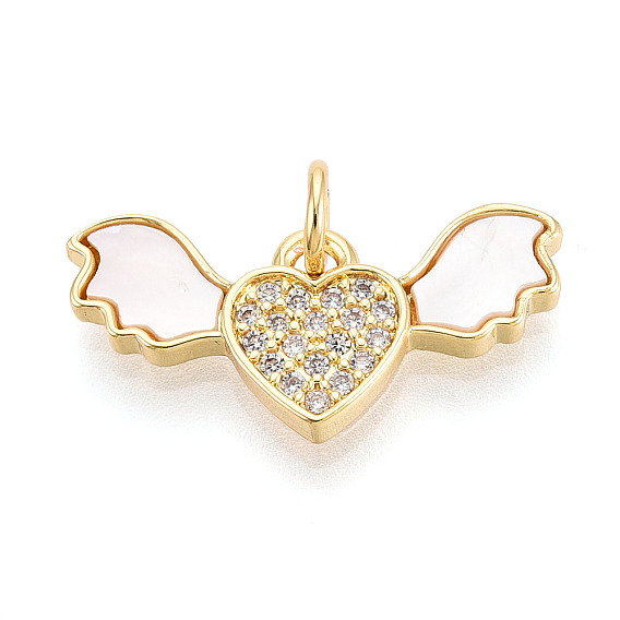 Латунные микропаве прозрачные подвески с фианитом, без кадмия и без свинца, с оболочкой, Сердце и крыло, с целью перехода в кольце