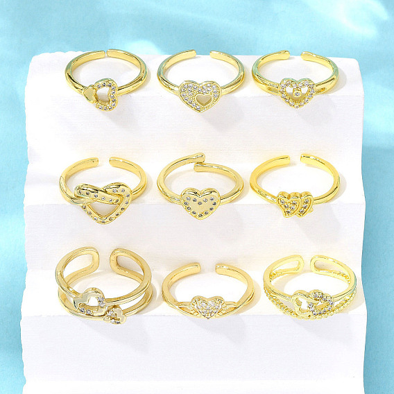 Латунные кольца-манжеты с микропаве и прозрачным цирконием для женщин, без кадмия, без никеля и без свинца, сердце