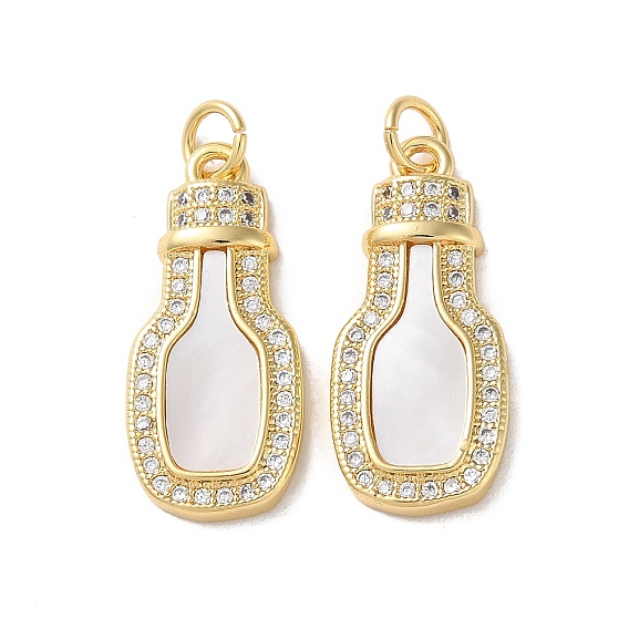 Brass Micro Pave Cubic Zirconia Pendants, Cadmium Free & Lead Free, with Shell, Real 18K Gold Plated, Bottle