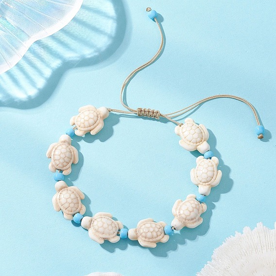Регулируемые браслеты из синтетических бирюзовых бусин в виде морских черепах для женщин., со стеклянными бисеринами