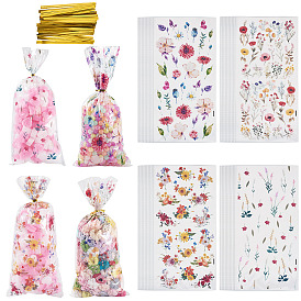 100шт. пластиковые пакеты для упаковки печенья и конфет, прямоугольник с цветочным узором, с золотыми проволочными стяжками