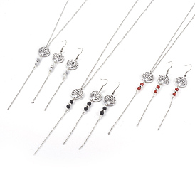 Stainless Steel Jewelry Sets, Pendant Necklaces and Dangle Earrings, with Natural Mixed Gemstone and Stainless Steel Findings, Flat Round with Tree of Life