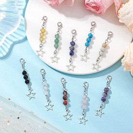 10 шт. круглые подвески из натуральных и синтетических драгоценных камней, с подвесками в виде звездочек из сплава и застежками-клешнями