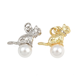 Латунные микро проложить кубического циркония подвески, подвески в форме кошки, с искусственным жемчугом из АБС-пластика и прыгающим кольцом, стойки покрытие, долговечный, без свинца и без кадмия