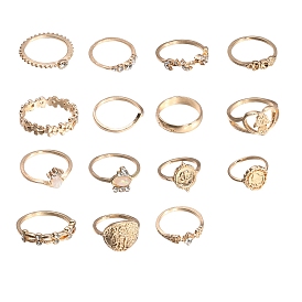 15Pcs 15 Style Flower & Hamsa Hand & Oval & Cross Alloy Finger Rings Set, Stackable Rings for Women