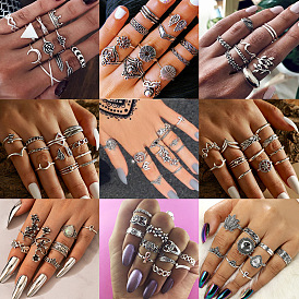 Boho Chic Retro Ring Set - Sun Moon Flower Wave Knuckle Joint Rings (11 Pieces)