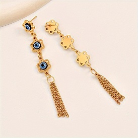 Exaggerated Stainless Steel Evil Eye Stud Earrings, Vintage Tassel Dangle Fashion Gift Jewelry