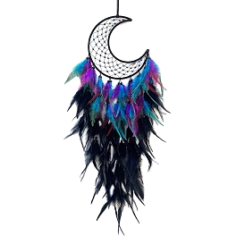 Iron Woven Web/Net with Feather Pendant Decorations, with Wood Beads, Covered  Cord, Moon