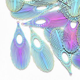 Ion Plating(IP) 201 Stainless Steel Filigree Big Pendants, Etched Metal Embellishments, Teardrop
