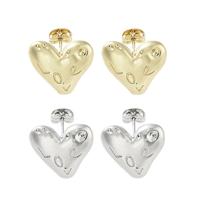 Heart with Word Love Brass Stud Earrings, Long-Lasting Plated, Lead Free & Cadmium Free