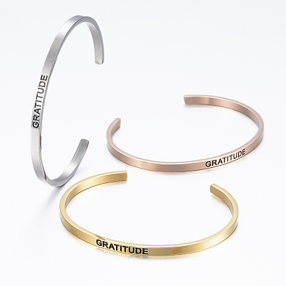 304 Stainless Steel Inspirational Cuff Bangles, with Enamel & Word Word Gratitude