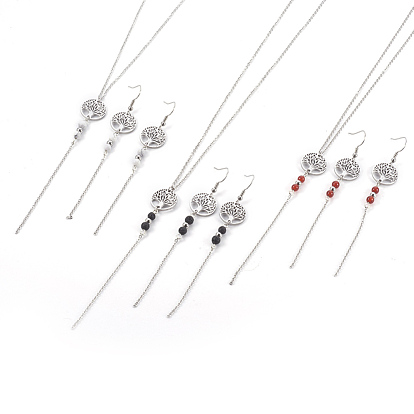 Stainless Steel Jewelry Sets, Pendant Necklaces and Dangle Earrings, with Natural Mixed Gemstone and Stainless Steel Findings, Flat Round with Tree of Life