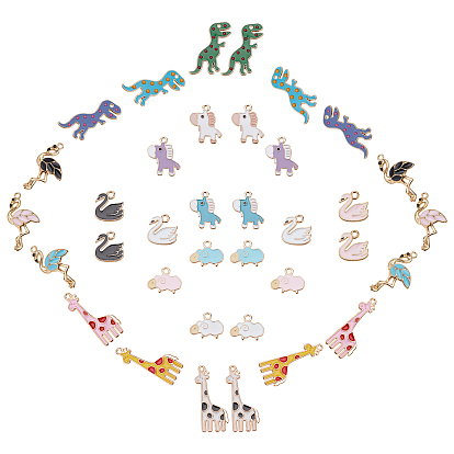 36Pcs 6 Style Light Gold Alloy Enamel Pendants, Cadmium Free & Lead Free, Giraffe & Dinosaur & Sheep & Flamingo & Horse & Swan