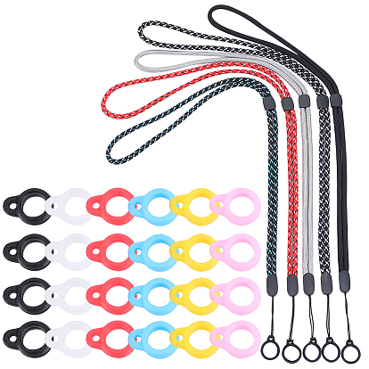 5Stück 5Farben Polyester-Halsband, Anti-Verlust-Vape-Pen-Lanyard-Gurt, mit Kunststoffstopfen, Silikonringe und 36Stück 6Farben Silikonanhänger