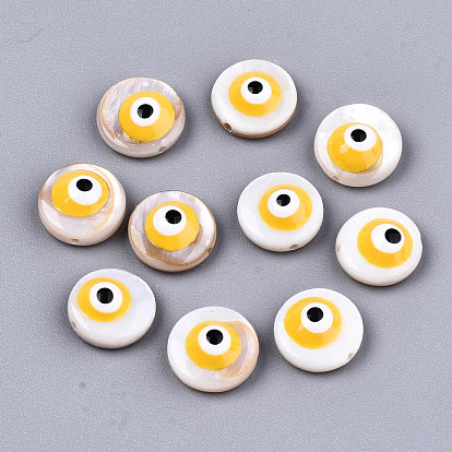 Natural Freshwater Shell Beads, with Enamel, Flat Round with Evil Eye