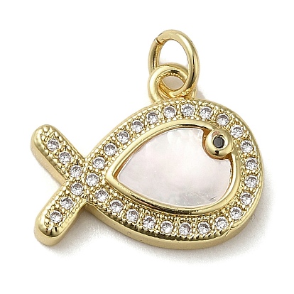 Brass Micro Pave Cubic Zirconia Pendants, with Shell, Fish