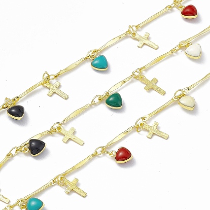 Handmade Brass Bar Link Chains, with Cross & Colorful Heart Charms, Soldered, with Spool