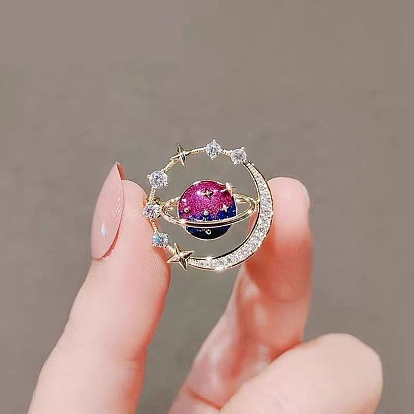 Rhinestone Planet with Star Brooch Pin, Light Gold Alloy Badge for Backpack Clothes