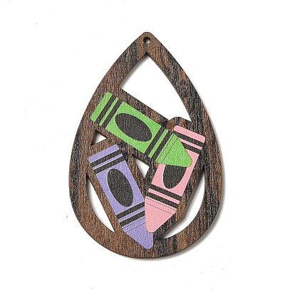 Printed Aspen Wood Big Pendants, Teardrop with Pencil/Heart/Rainbow/Flag/Peace Sign/Sunflower Charm