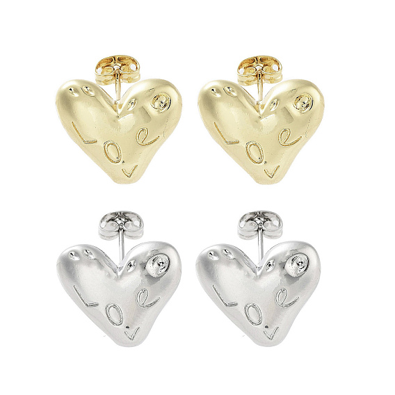 Heart with Word Love Brass Stud Earrings, Long-Lasting Plated, Lead Free & Cadmium Free