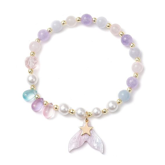 Браслеты с подвесками из натуральных аквамаринов, розового кварца и аметиста для женщин, рыбий хвост и звезда, с гальваническим покрытием из немагнитных синтетических гематитовых бусин и бусин из ракушечного жемчуга
