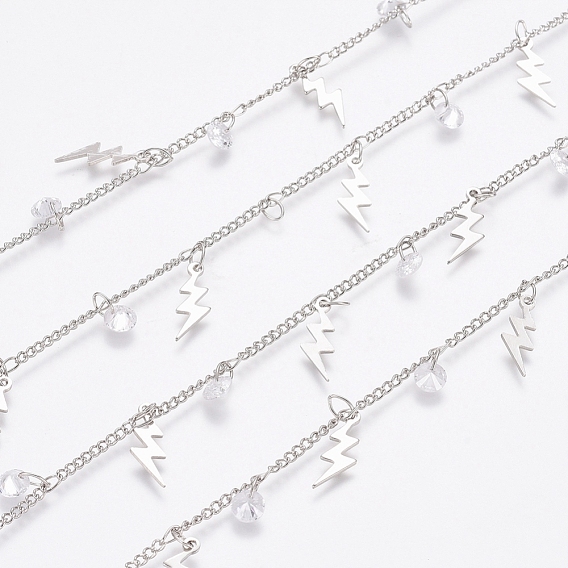 Brass Curb Chains, with Spool, Lightning Brass Charms & Diamond Shape Cubic Zirconia Charms, Long-Lasting Plated, Soldered, Clear