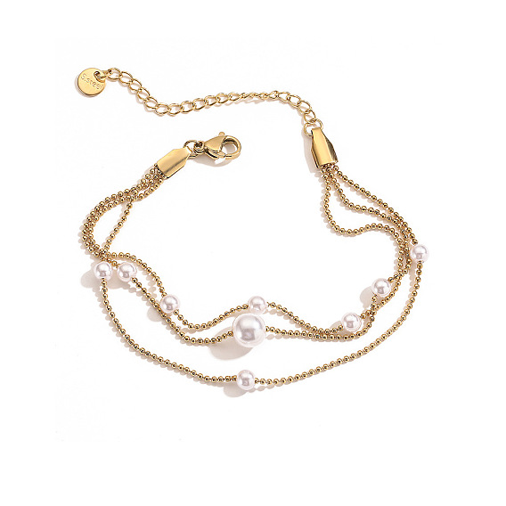 Многорядные браслеты из нержавеющей стали для женщин, с имитацией жемчужина бисера, круглые