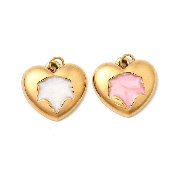 304 нержавеющей стальной эмали подвески, подвески в виде сердца с кленовыми листьями, с целью перехода в кольце, ионное покрытие (ip), реальный 18 k позолоченный