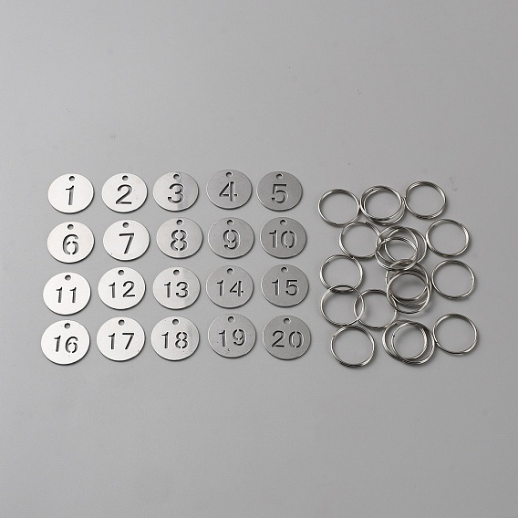 201 Stainless Steel Numbered Marking Identification Hang Tags, Luggage Labels, ID Tag, Number Markers, with Iron Key Rings, Flat Round with Hollow Number
