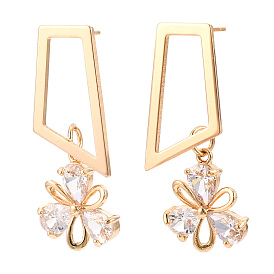 Brass Micro Pave Cubic Zirconia Trapezoid Stud Earrings, Flower Dangle Earring for Women, Long-Lasting Plated