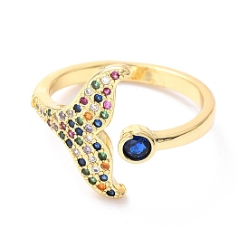 Brass Micro Pave Colorful Cubic Zirconia Cuff Rings, Open Rings, Long-Lasting Plated, Fishtail & Flat Round