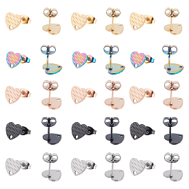 30Pcs 5 Colors Ion Plating(IP) 304 Stainless Steel Stud Earring Findings, with Ear Nuts, Textured Heart
