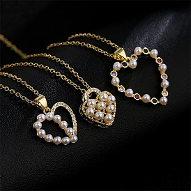 18K Gold Plated Heart Pendant Necklace with Zirconia and Pearl Detailing - Elegant & Unique Jewelry Piece