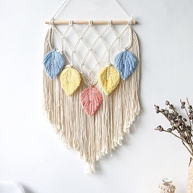 Handmade Woven Cotton Cord Macrame Hanging Wall Decorations, Leaf Tassel for Home Living Room Bedroom Decoration