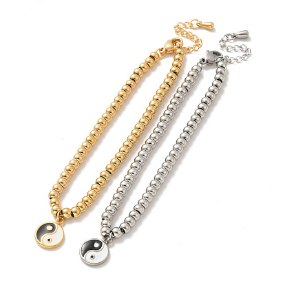 304 плоский круглый браслет из нержавеющей стали с подвеской Инь Ян с эмалью, 201 браслет из круглых бусин из нержавеющей стали для женщин