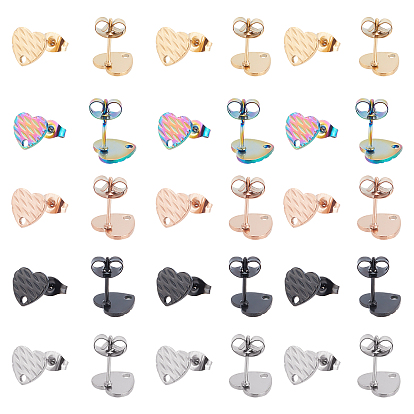 30Pcs 5 Colors Ion Plating(IP) 304 Stainless Steel Stud Earring Findings, with Ear Nuts, Textured Heart
