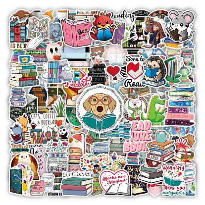 Reading Theme PVC Plastic Sticker Labels, Waterproof Decals for Suitcase, Skateboard, Refrigerator, Helmet, Mobile Phone Shell, Animal & Book Pattern