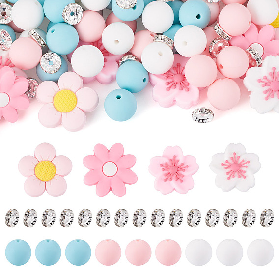 53Pcs 7 Styles Silicone Focal Beads, Flower, with 30Pcs Brass Rhinestone Spacer Beads