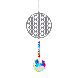 Metal Big Pendant Decorations, Hanging Sun Catchers, Chakra Theme K9 Crystal Glass, Flat Round with Flower of Life