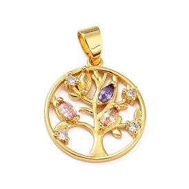 Brass Micro Pave Colorful Cubic Zirconia Pendants, Flat Round with Tree
